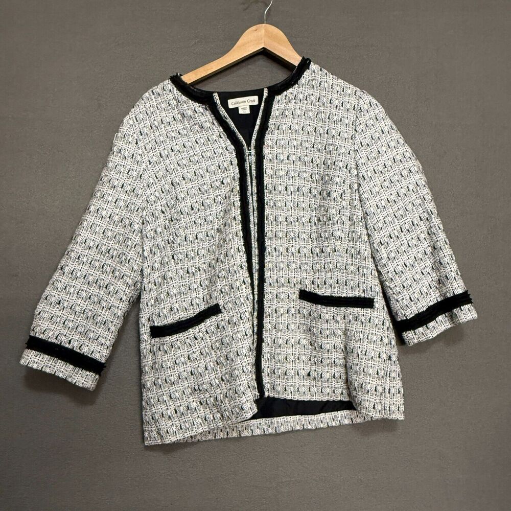 Coldwater Creek Size 14 White Silver Metallic Black Tweed Jacket Blazer Zipper